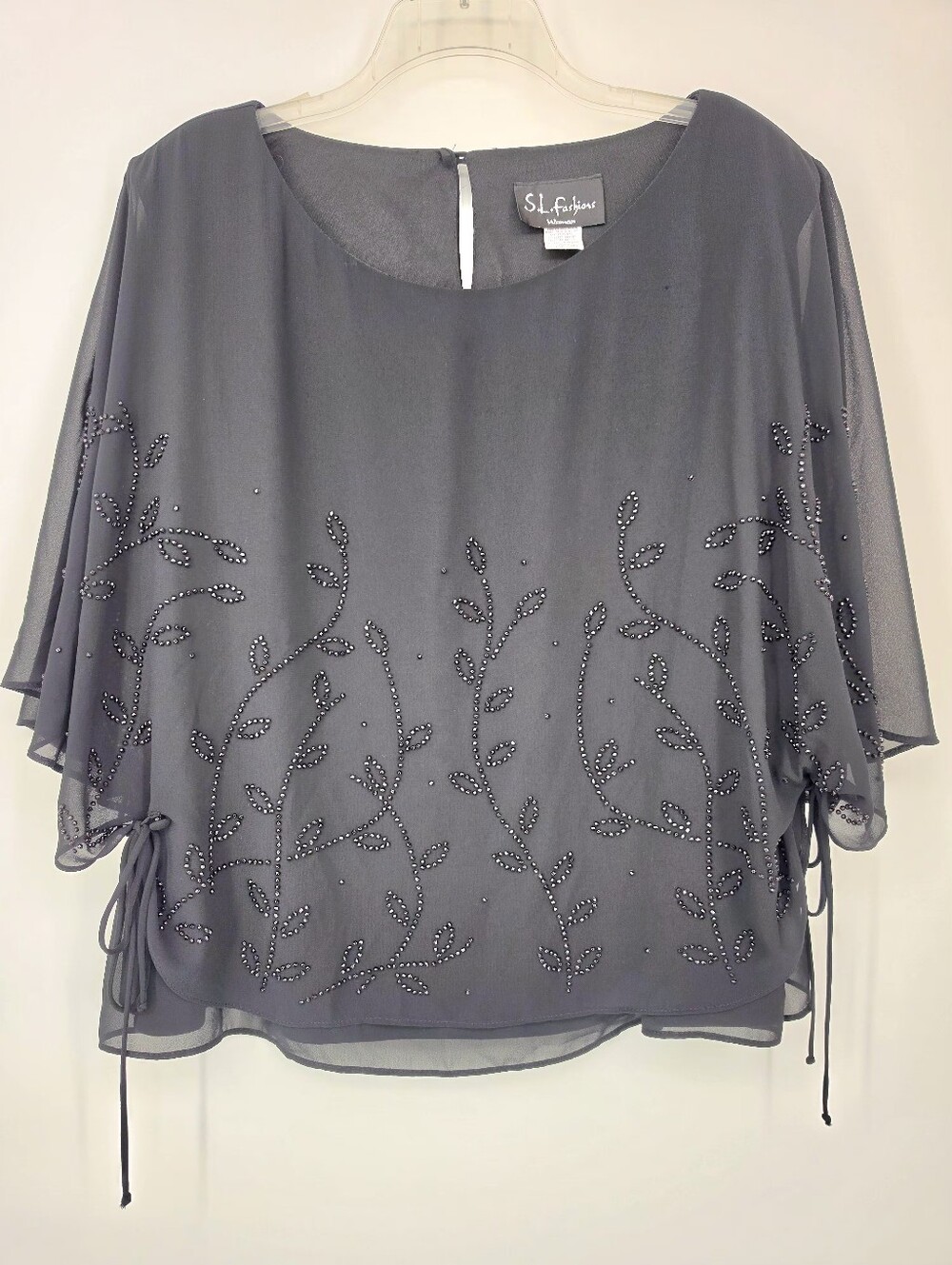 S.L. Fashions Black Beaded Chiffon Blouse 20W Overlay Flutter Sleeve Evening Top